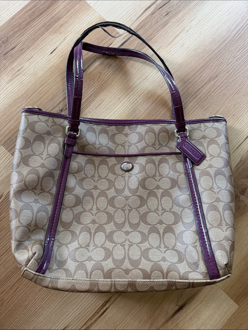 Coach Signature Canvas Tote with Plum Trim